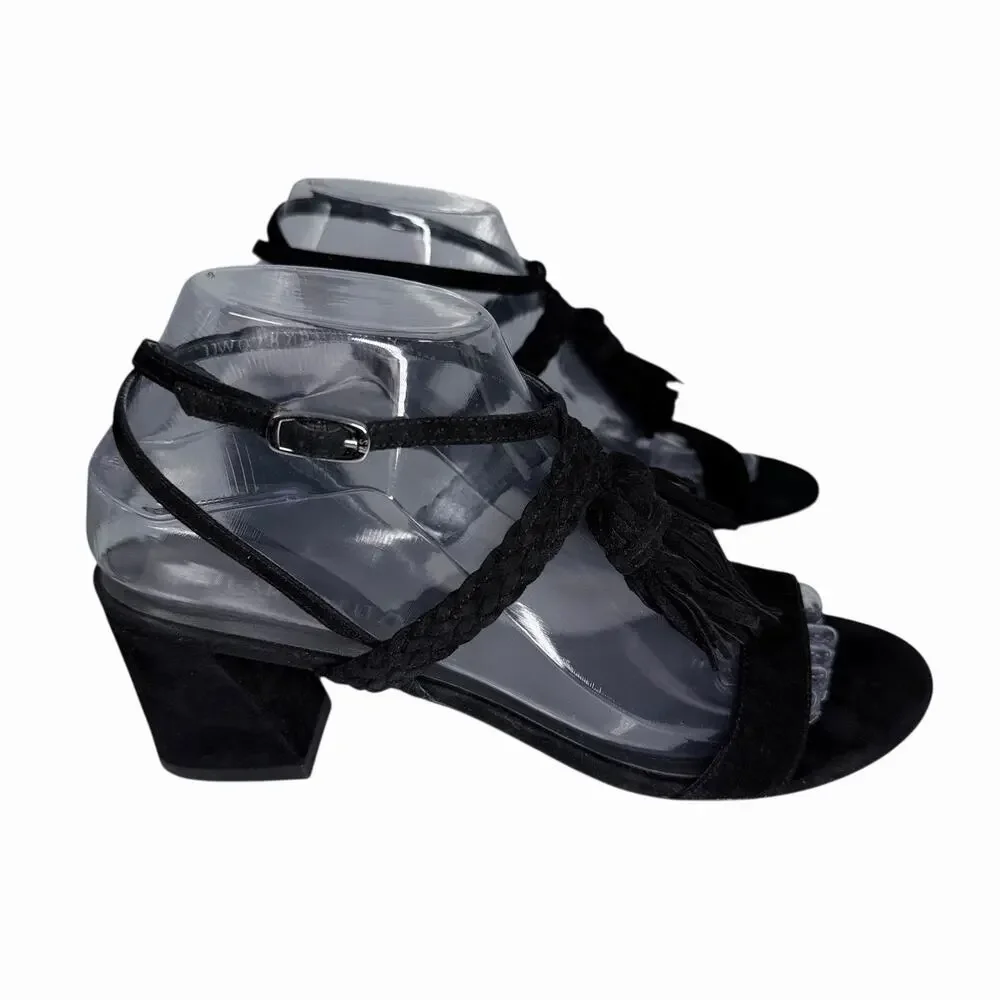 Stuart Weitzman Womens Black Suede Tassel Heels Sandals Sz 7.5